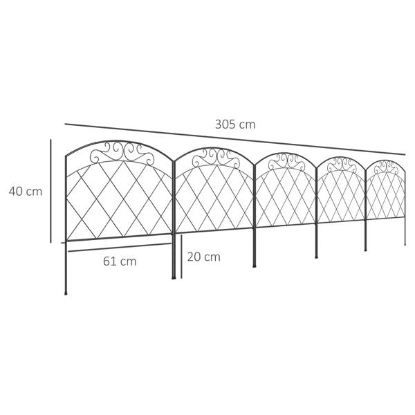 Black metal garden fence panels with diamond and swirl arched top, straight posts