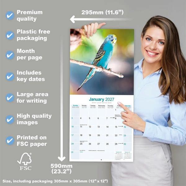 Budgerigars Calendar 2027, Wall Calendars, Month To View, Animals, Gift