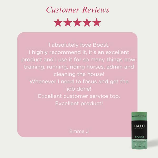 Product review card with five-star rating and customer feedback for Halo Boost on a pink background