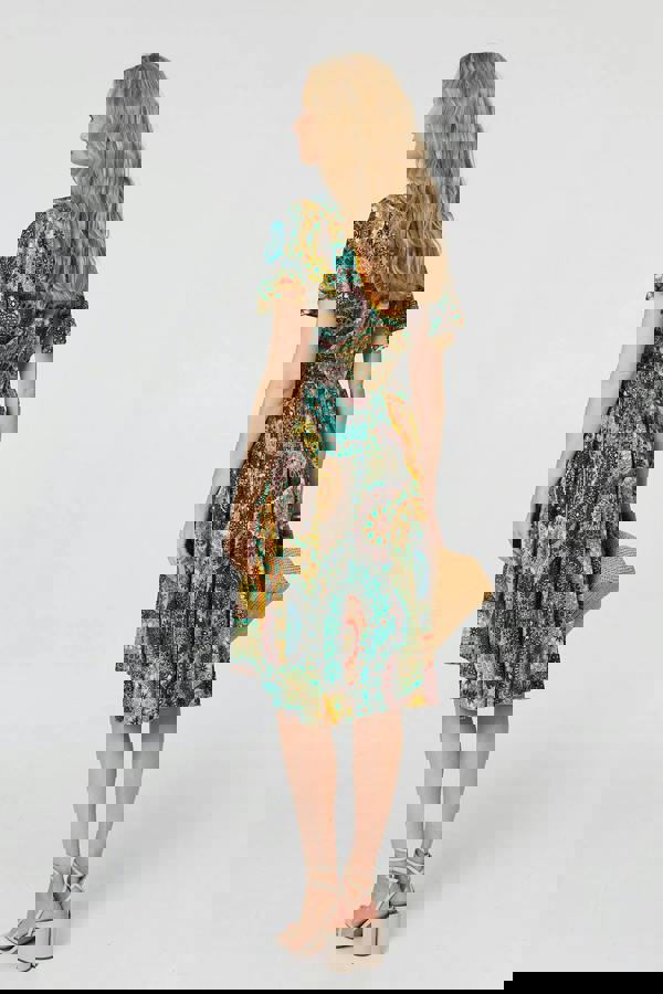 Beige | Printed Shirred A-Line Midi Dress