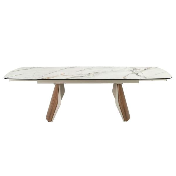 Angel Cerdá Oval barrel-shaped extendable dining table with porcelain marble top, metallic sand-coloured steel and walnut wood 1193