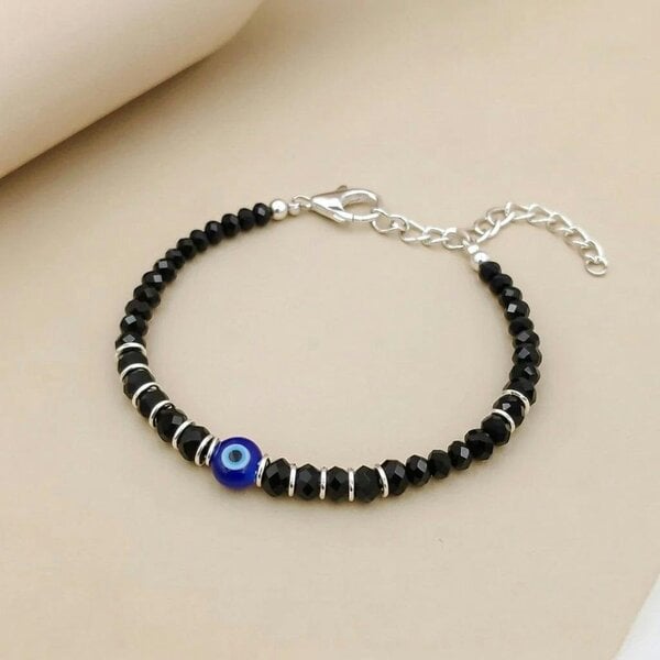 The Colourful Aura Black Beaded Evil Eye Silver Kids Nazaria Bracelet