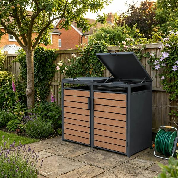 Nicoman Outdoor Metal Garbage Bin Shed with Wood Effect Doors