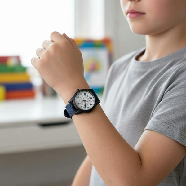 Young boy wearing a personalised watch with a black case and a dark blue canvas strap on his left wrist.