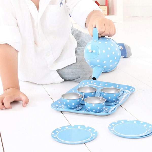 Bigjigs Toys Blue Polka Dot Tea Set With Carry Case - Includes 15 Play Pieces