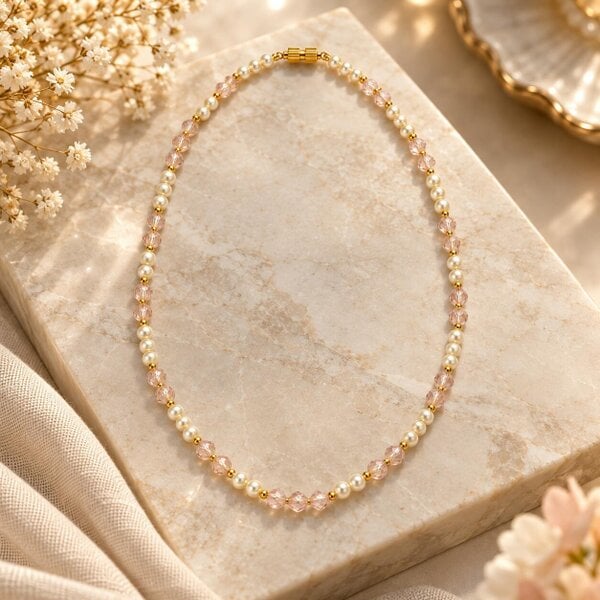 The Colourful Aura Blush Pink Crystal & Pearl Beaded Necklace