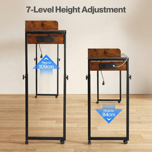 Levede Overbed Table 180cm 84-109cm Mobile with Charging Station Bedroom Brown