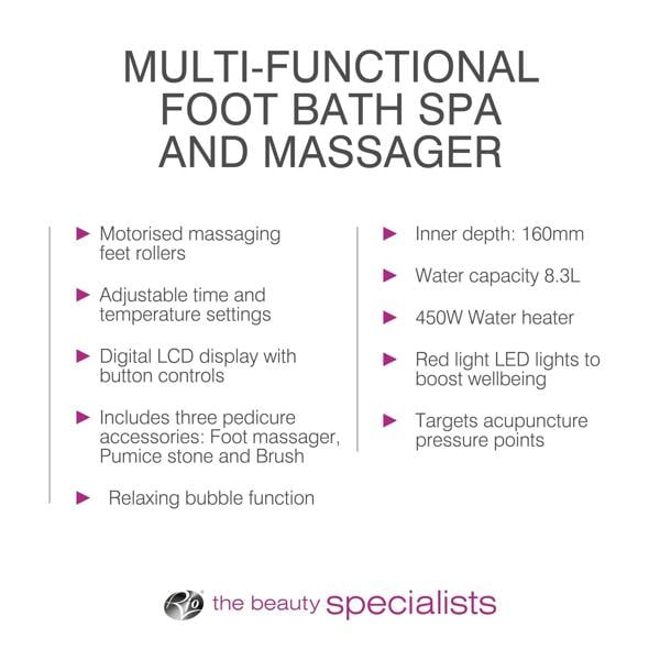 bulleted text listing features: motorised massaging feet rollers, adjustable time and temperature settings, digital LCD display with button controls, includes 3 pedicure accessories: foot massager, pumice stone and brush, relaxing bubble function, inner depth 160mm, water capacity 8.3L, 450W water heater, Red light LED lights to boost wellbeing, Targets acupuncture pressure points 