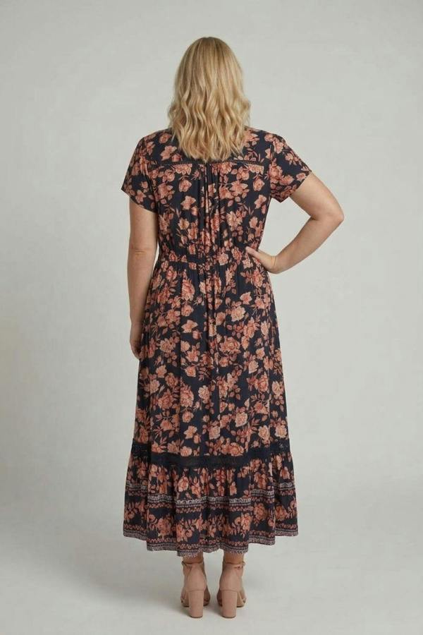 Navy | Curve Lace Tiered Cap Sleeve Maxi Dress