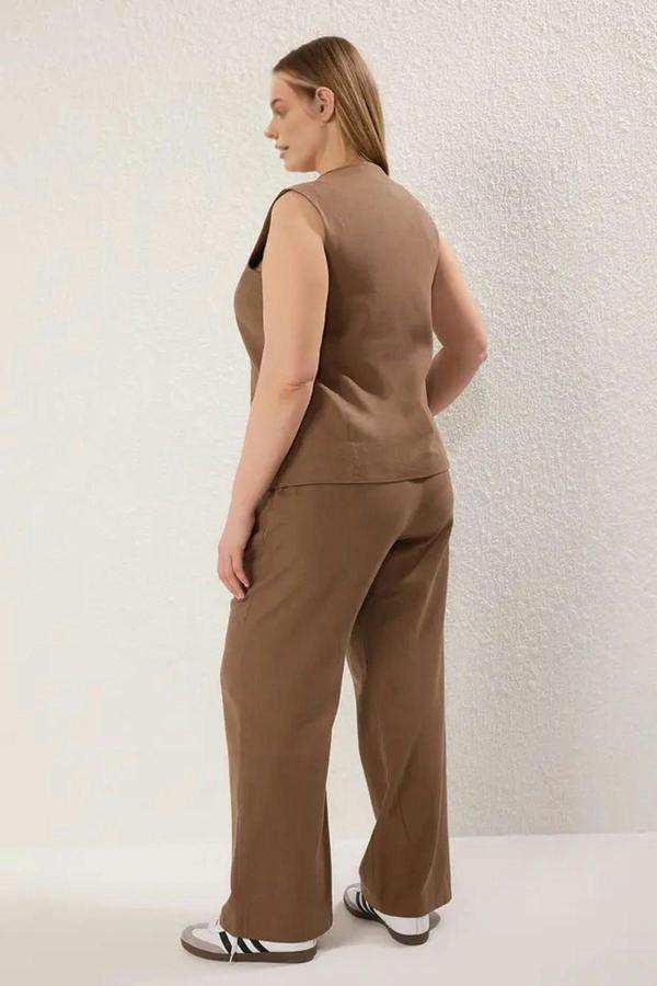 WOVCOR 2- Piece Wide Leg Linen Look Top and Bottom Set with Drawstring Front