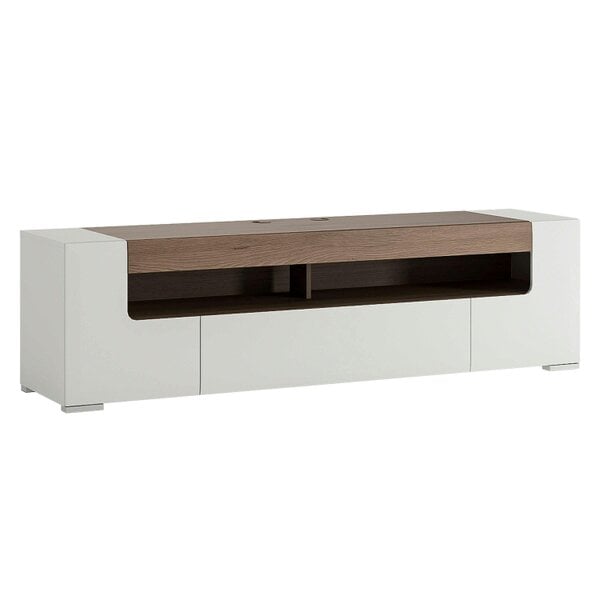 Wyld Haus Porto Wide Gloss White TV Cabinet with Oak Detail 2 Doors and 2 Drawers