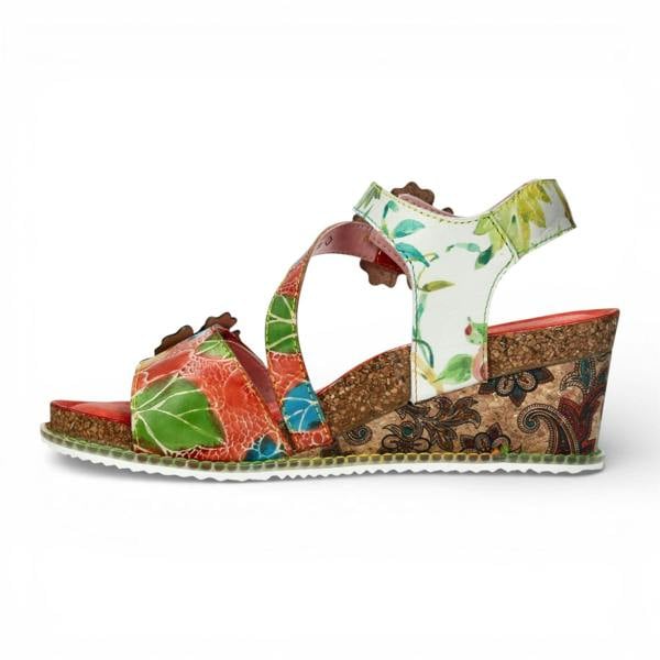Laura Vita Women's Bonito 32 Orange Floral Leather Wedge Espadrille Sandals