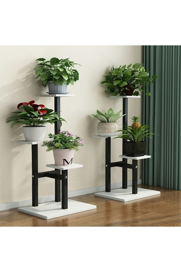 Living and Home 3-Tier Wooden Plant Stand with White Shelves & Black Frame for Balcony, Garden, Living Room – Pot & Decor Organiser