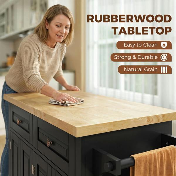 HOMCOM Rolling Kitchen Island Cart with Rubber Wood Top, Spice Rack, Black