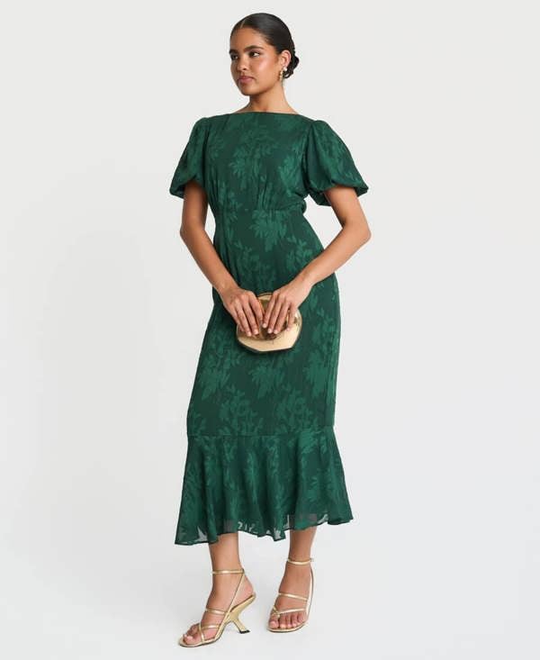 Needs No Label Forest Green Jacquard Puff Sleeve Midi Dress