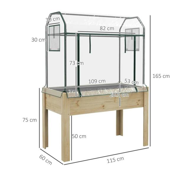 Wooden raised garden bed with clear greenhouse cover and size dimensions