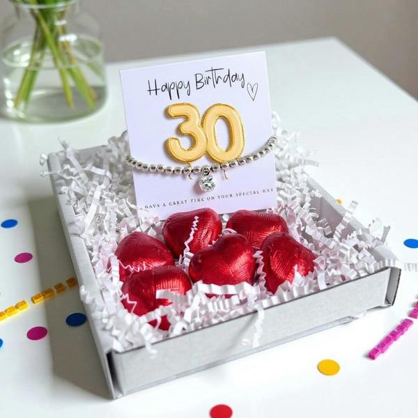 Aye Do Gifts 30th Birthday Gift Box, Cubic Zirconia Bracelet & Chocolate Hearts