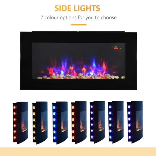 Black wall-mounted electric fireplace with LED flame and side light options shown below