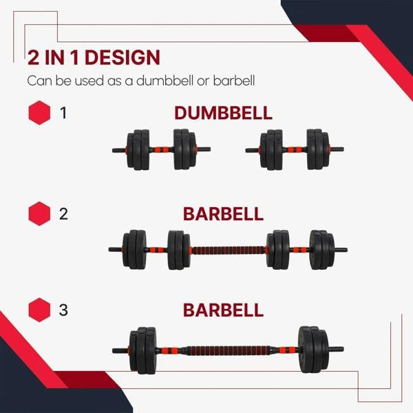 2-in-1 adjustable weight set showing dumbbell and barbell configurations with black plates