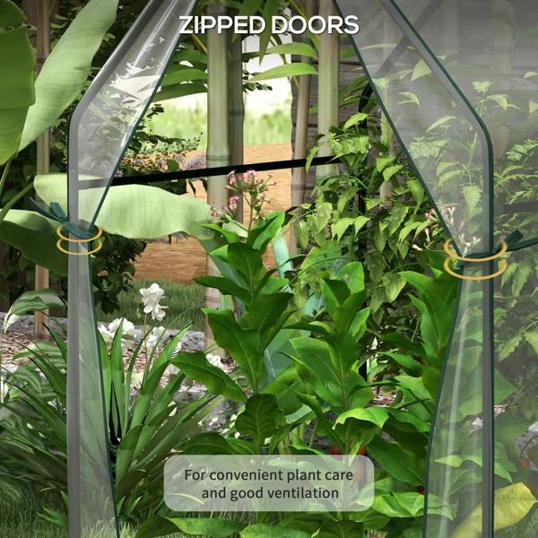 Clear mini greenhouse with zipped doors, inside leafy plants and flowers