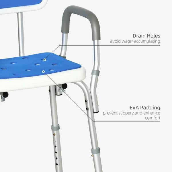 Blue padded shower chair seat with arm support and drainage holes on the tabletop