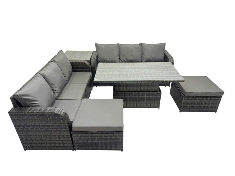 Fimous Rattan Garden Furniture Dining Set 8 seater Patio Height Adjustable Rising Table Sofa Set with Side Table 2 Big Footstool Dark Grey Mixed