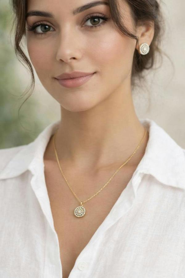 SVNX Diamante Halo Necklace & Earrings Set in Gold with Gift Box