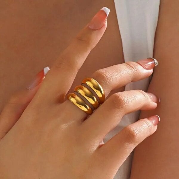 The Colourful Aura Chunky Triple Dome Adjustable Stacked Wide Band (Gold/Silver) Ring