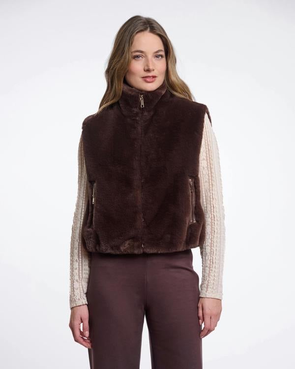 Rino & Pelle Nikki Womens Short Faux Fur Waistcoat - Coffee Roast | CHO | Designer Womens Short faux fur waistcoat