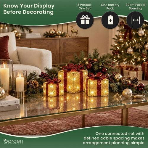 Light Up Christmas Parcels with 35 White LEDs - Set of 3, Gold and Red