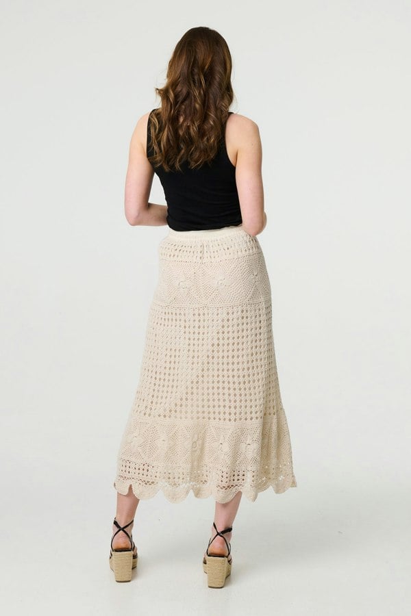 Ivory | Mesh Crochet Texture Tie Waist Midi Skirt
