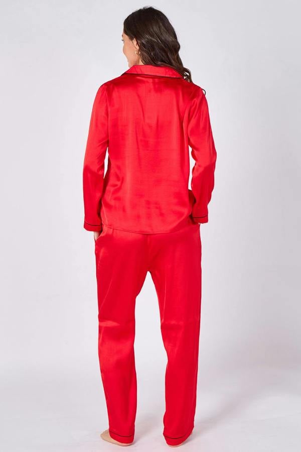 Elaina Fashion Red Long sleeve satin Pj set with pockets