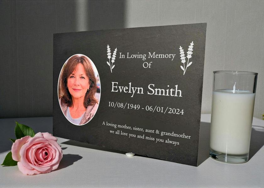 Memorials Direct Photo Slate Memorial Plaque,  Lavender, Add a Portrait & Personalised Text | 35×25cm (14×10”)