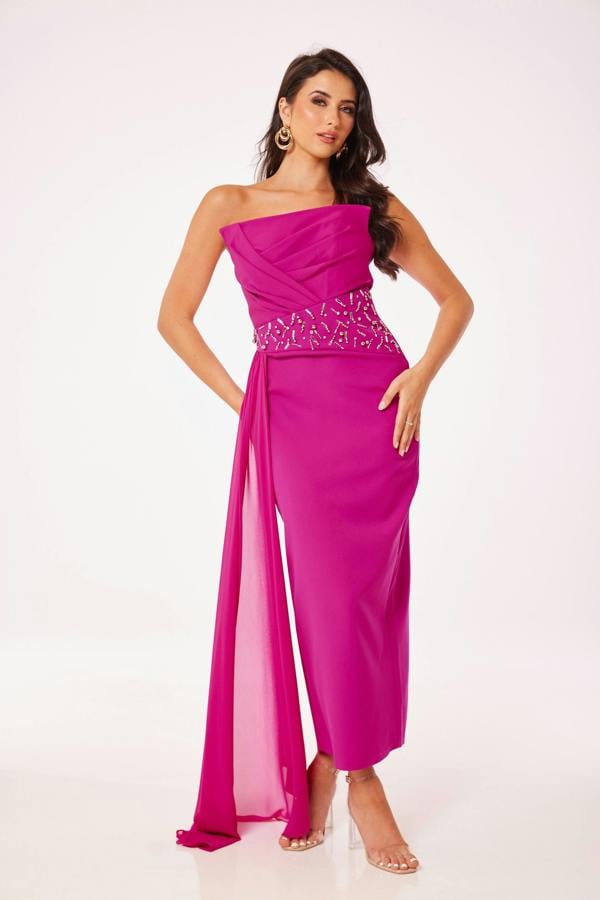 LuvForever Fuschia Strapless Jewelled Drape Midi Dress