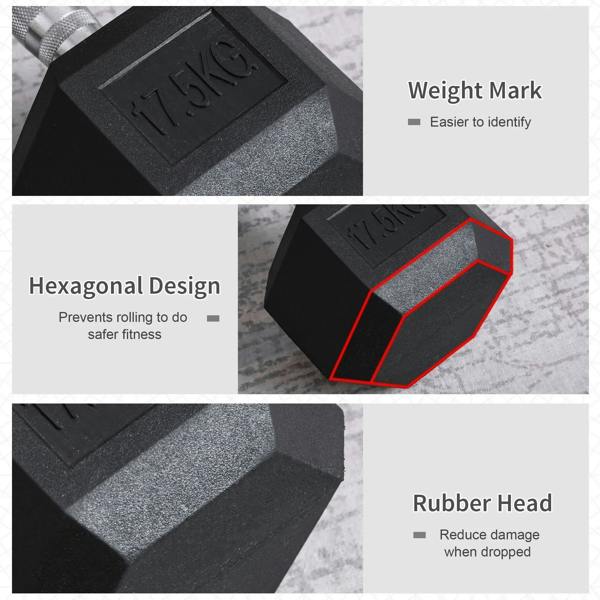 Close-up black hex rubber dumbbell head with textured rubber surface