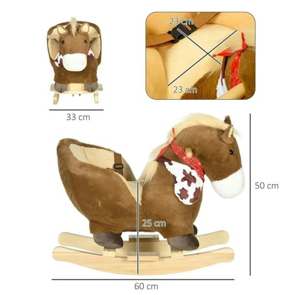 Brown plush rocking horse with safety harness straps and curved wooden rocking base