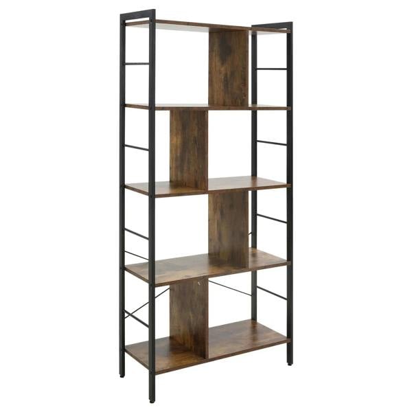Industrial bookcase with rustic brown shelves and black metal frame, open 5-tier design.