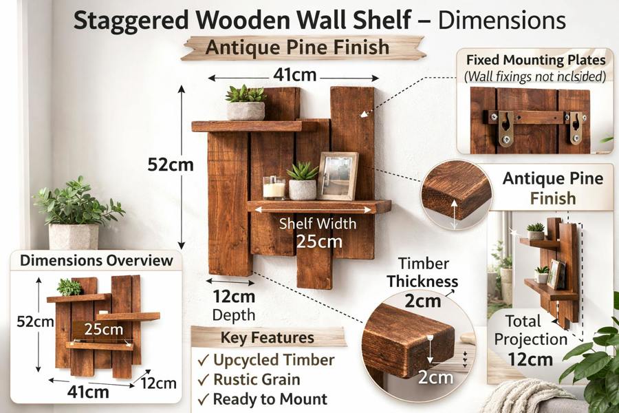 Dimensions of staggered wooden wall shelf 52cm x 41cm