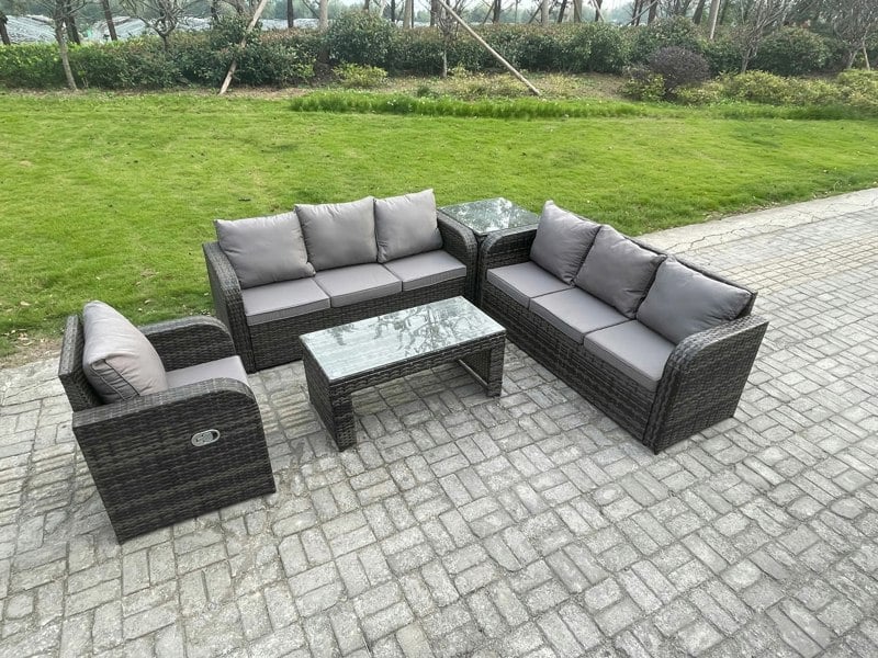 Fimous 7 Seater Wicker PE Rattan Sofa Set Outdoor Patio Garden Furniture Set with Side Table Reclining Chairs Coffee Table Dark Grey Mixed