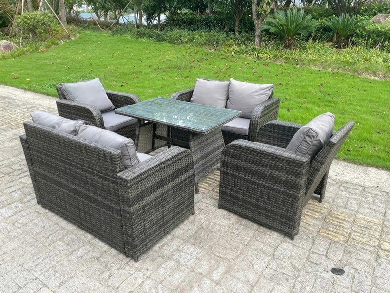 Fimous Outdoor Rattan Garden Furniture Sofa Set Dining Table Reclining Chairs Love Sofa 6 Seater