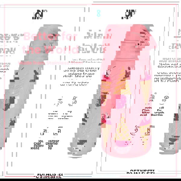 A pink stainless steel water bottle, featuring ice cream cone designs, sits against a white background. The bottle is described as durable, recyclable, carbon neutral, odour resistant, and dishwasher safe.