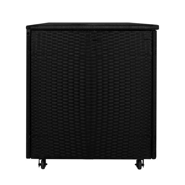Black rattan cushion storage box with a textured weave, featuring a sturdy lid and convenient wheels for easy mobility