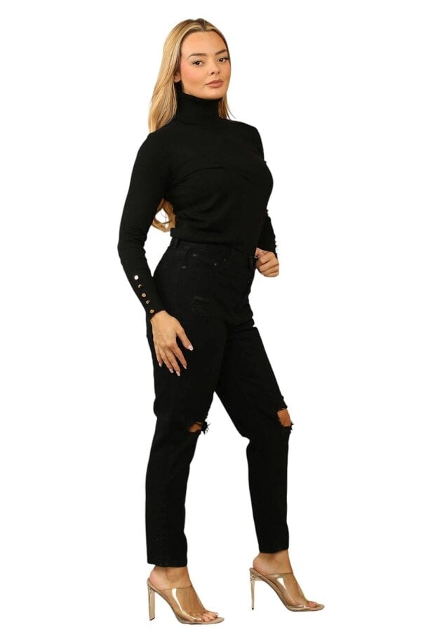 High-Waisted Distressed Mom Jeans – Black