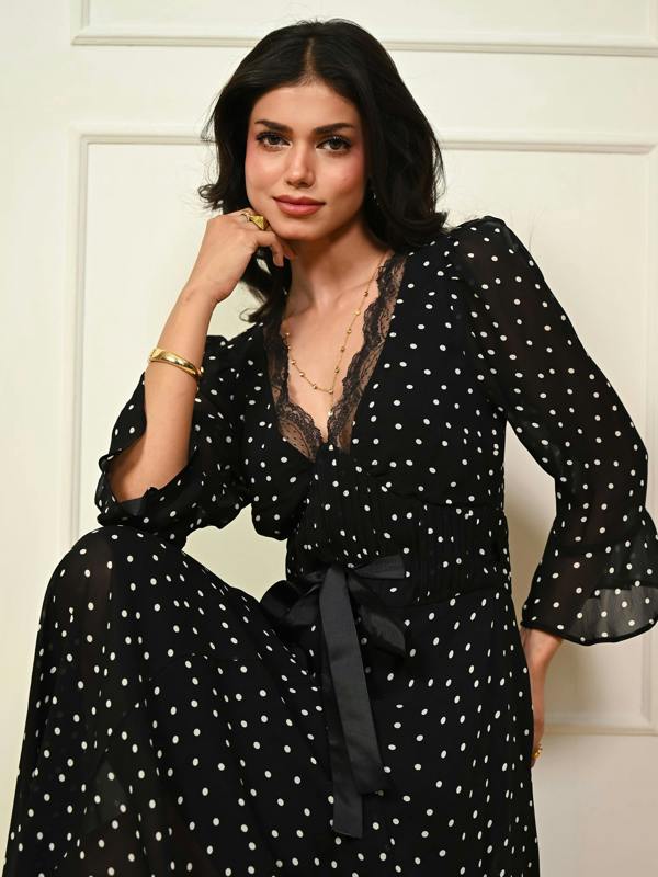 Rose & Nancy Chloe Black Polka Dot Lace Trim Midi Dress