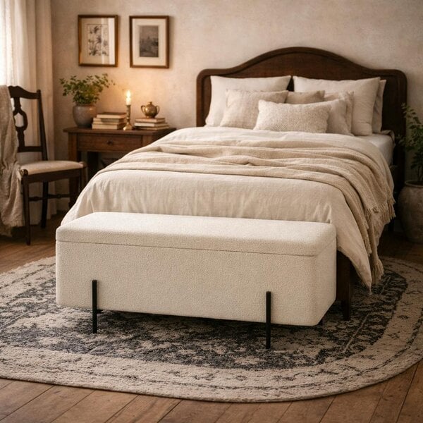 Wyld Haus Elowen Rectangle Storage Ottoman Bench Ivory Boucle Black Metal Legs