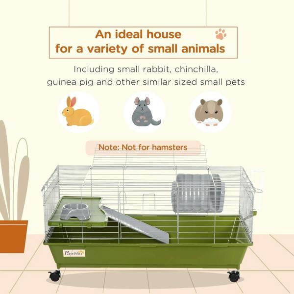 Green wire small animal cage with ramp, platform, and gray water bottle plus food dish