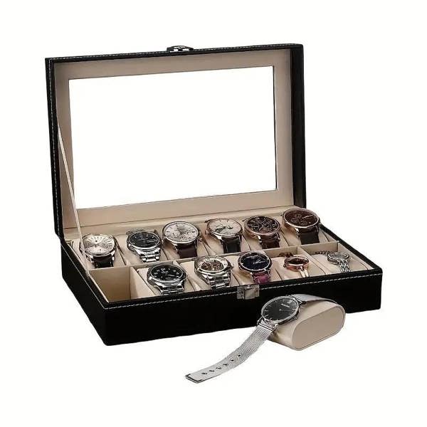 Dyzi 12 Slot Faux Leather Watch Box Transparent Lid Velvet Lined Organiser
