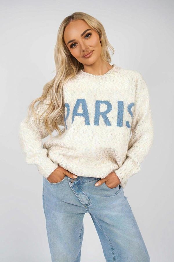 Jalina Long Sleeve Oversized Knitted Jumper With Paris Slogan - Stone