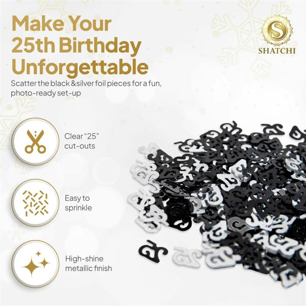 25th Birthday Metallic Confetti Table Decoration Set in Black and Silver, Party Pack Options image 5