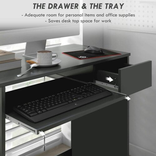 Wyld Haus Rami 80cm Grey Compact Study Desk With Keyboard Tray And Drawer Storage